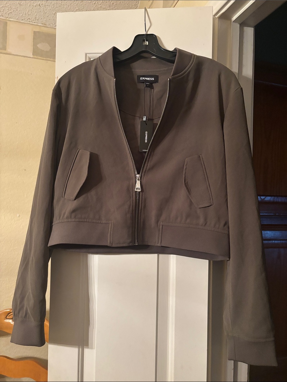 Express Cropped Bomber Jacket in Taupe Brown